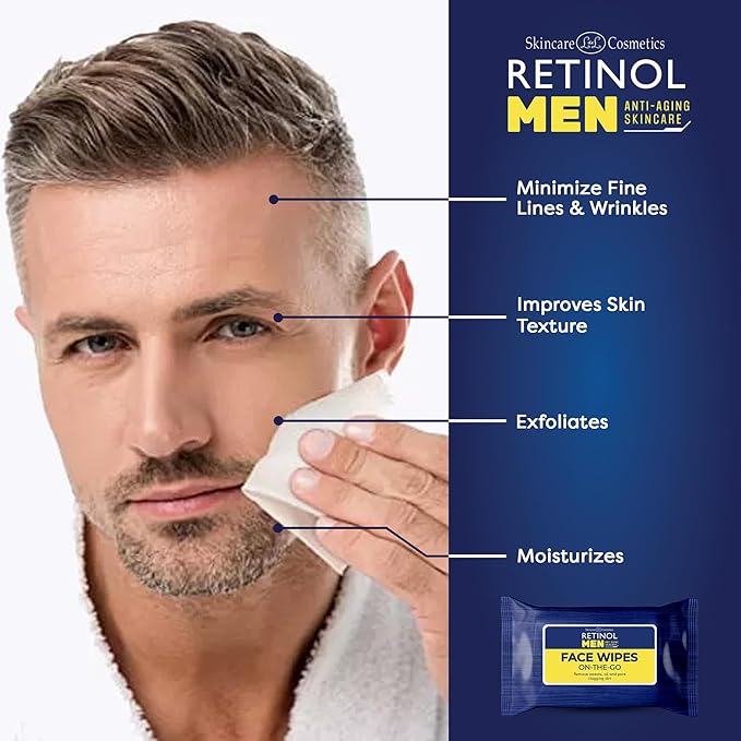 LIVAURA Retinol Men’s Individually Wrapped Wipes, Large Face and Body Wet Wipes with Micellar Water and Vitamins A-C-E, 30 Travel Essentials