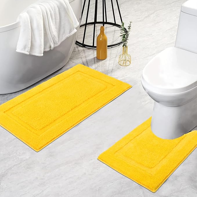 SHACOS Bathroom Toilet Rugs Set 2 Pieces Soft Absorbent Bath Rugs with U Shape Toilet Rug Bath Mat Contour Rug Non Slip Microfiber Plush Shower Rug Machine Washable (20"x24"+20"x32",Yellow)