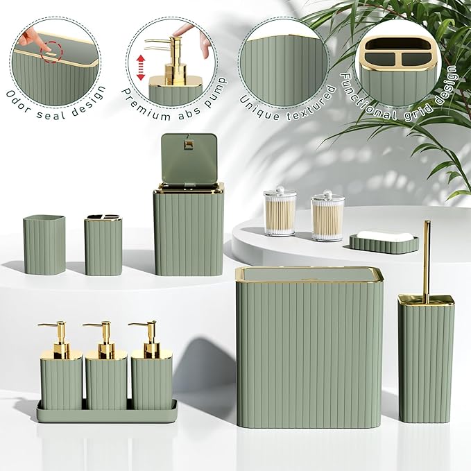 Bathroom Accessory Set - Sage Green Bathroom Set, 12PC Bathroom Accessories Set, Mini Trash Can, Toilet Brush, Trash Can & Soap Dispenser