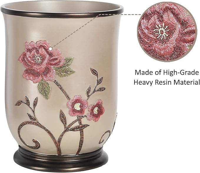 Zahari Home 2pc Larrisa Floral Bathroom Decor Set Waste Basket for Bathroom & Tissue Cover Modern Classic Contemporary Decor Stylish Unique Design Beautiful Bathroom Accessories Set