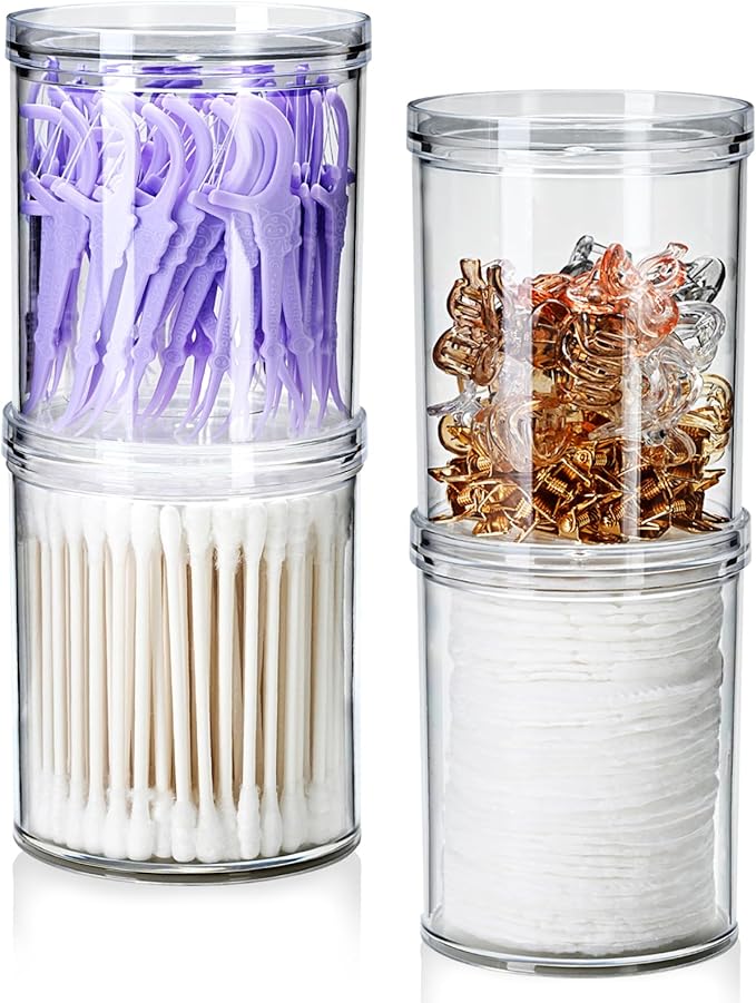 SheeChung 6-Pack Clear Stackable Qtip Holder Dispenser - Mixed (10oz & 12oz) Apothecary Jars with Storage Lids - Whole Home Bathroom Organization Set for Cotton Swabs, Balls, Pads