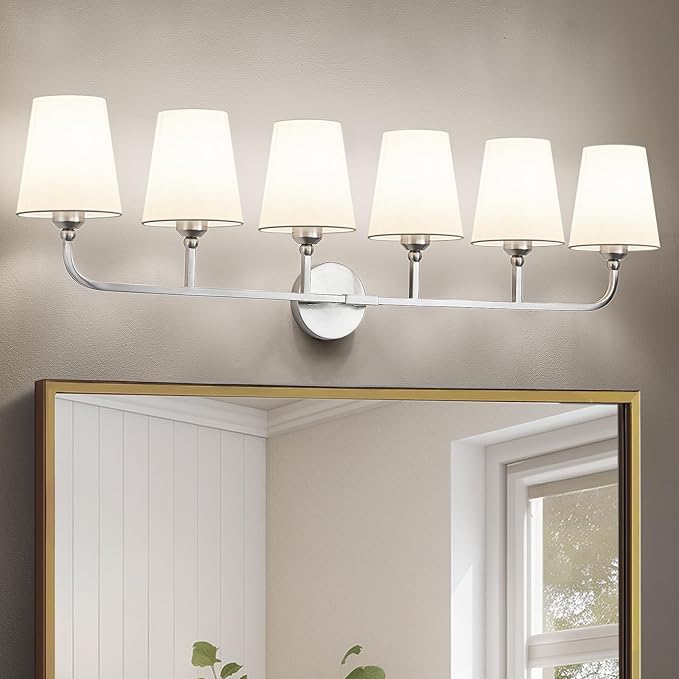 Bathroom Vanity Light, Brushed Nickel Bathroom Light Fixtures, 6-Light Lighting Fixtures Over Mirror, Modern Wall Sconce with Flared White Fabric Shade, E26 Socket(ETL Listed)