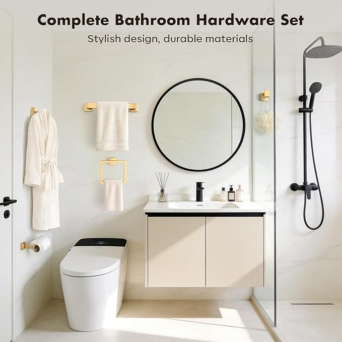 Bathroom Accessory Towel Bar Set: 15 Pieces Gold Bathroom Hardware Square SUS304 Stainless Steel - Wall Mounted Towel Rack&Toilet Paper Holder&Towel Ring and Towel Hook