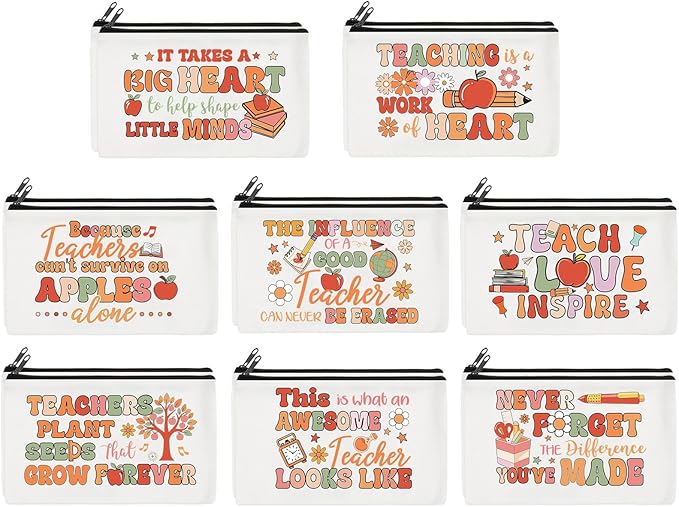 Yahenda 16 Pcs Canvas Makeup Bags Bulk for Women Inspirational Cosmetic Zipper Pencil Pouch Travel Toiletry Bag for Birthday Mother's Day Nurse Gifts(Boho Teacher)