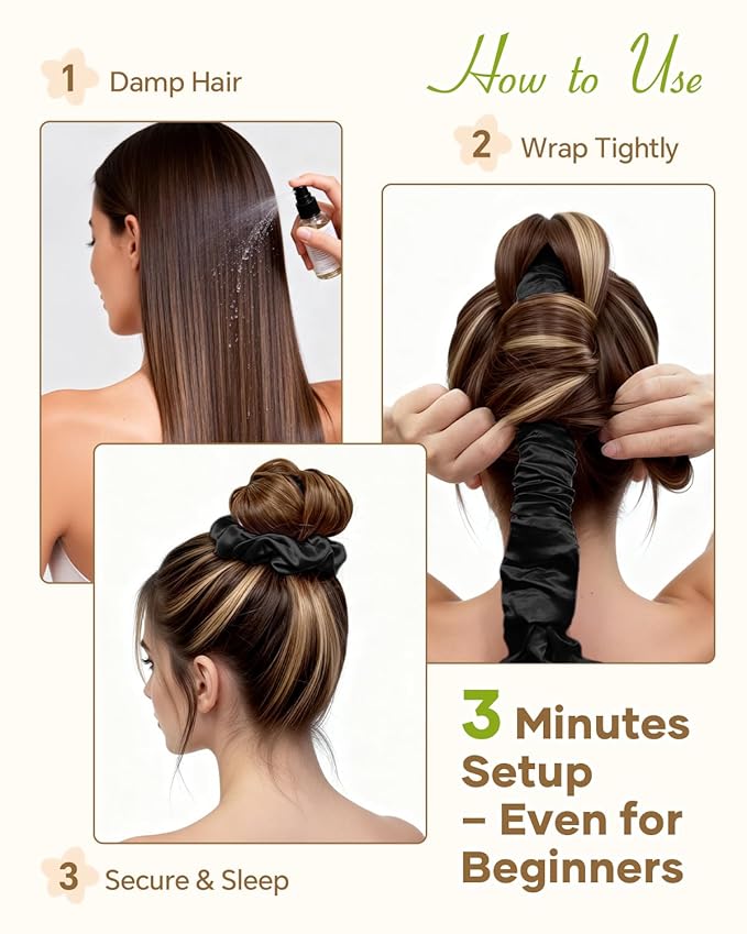 BONNET QUEEN Satin Heatless Hair Curler, Overnight Curls for Long Hair, ultra soft Heatless Curling Rod & 2 Scrunchies,Damage-Free Styling, Soft Hair Curlers for Overnight Use(Black)