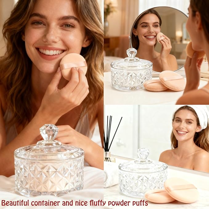 Large Body Powder Puff and Container - 2 Powder Puffs for Women Bath and Face Dusting Powder, Makeup Setting Powder Applicator for Talcum or Loose Powder (Beige)