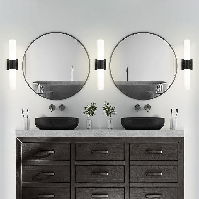 Kalium Bathroom Wall Sconces Set of Two, 21 Inch Modern Vanity Lights with Frosted Glass Shade, Bathrooms Vanity Lighting Fixtures for Mirror Bedroom Living Room Hallway (Black)