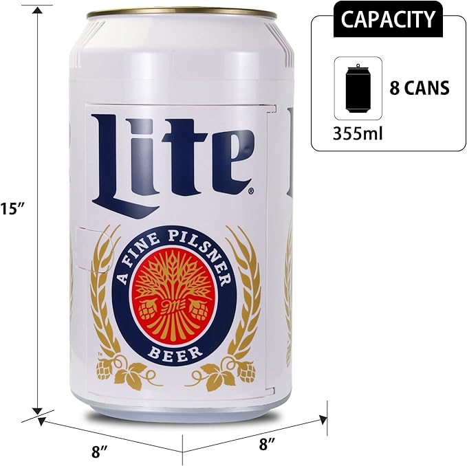 Miller Lite 8 Can Thermoelectric Mini Fridge 5.4 L/ 5.7 Quarts Capacity, 12V DC/110V AC cooler for home, den, dorm, cottage, cabin, beer, beverages, snacks, skincare, cosmetics, medication