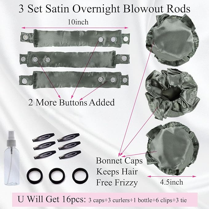 3 Sets Satin Heatless Curlers to Sleep in Bun Bons Heatless Curling Set Silk Harmless Hair Curls Rollers with Bonnet Cap Soft Overnight Curls Blowout Rods No Heat Headband Wrapper Green
