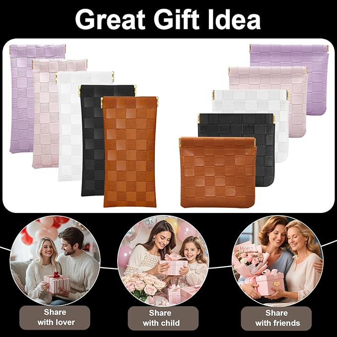 2Pcs Small Makeup Bag for Purse, Mini Checkered Leather Purse Pouches for Purse Small Makeup Pouch Small Coin Purse Organizer Pouches, Portable No Zipper Pocket Cosmetic Bag for Women (Black)