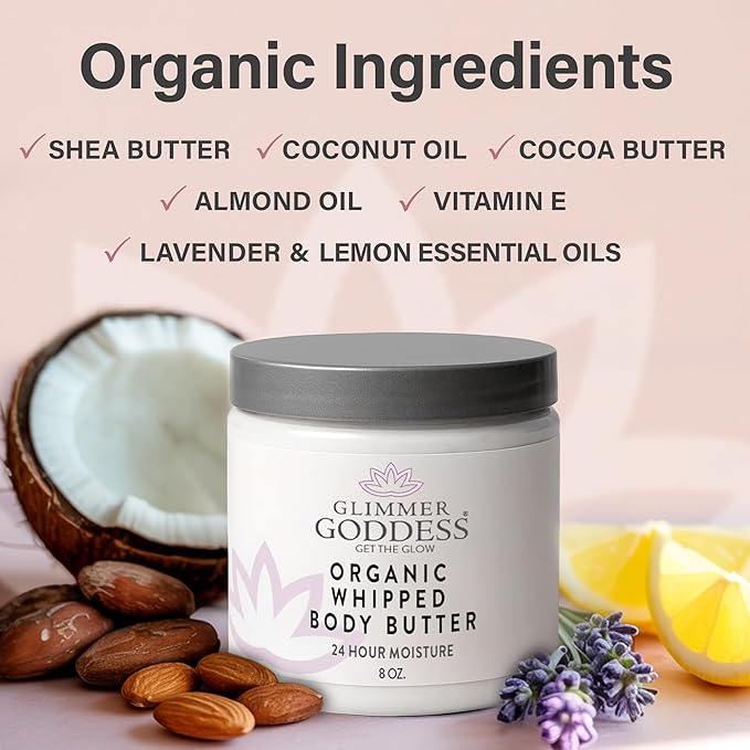 GLIMMER GODDESS Organic Whipped Body Butter for Women - Moisturizer Cream with Shea & Cocoa Butter, Almonds & Coconut Oil - Coconut Vanilla, 8oz