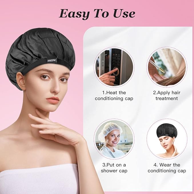 Cordless Deep Conditioning Heat Cap - Safe, Microwavable Heat Cap for Steaming, Heat Therapy for Hair, Flaxseed Seed Interior for Maximum Heat Retention (Black)