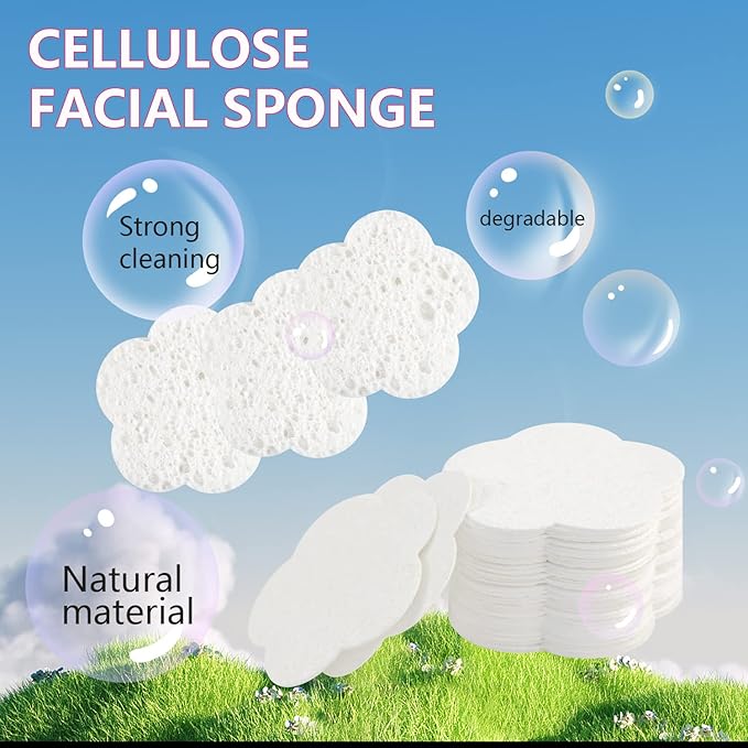 50-Count Facial Sponges Compressed Facial Sponges Natural Facial Cleansing Sponges Pads Cute Flower Shape Exfoliating Sponges for Cleansing Reusable,Best Makeup Gift, White+Pink
