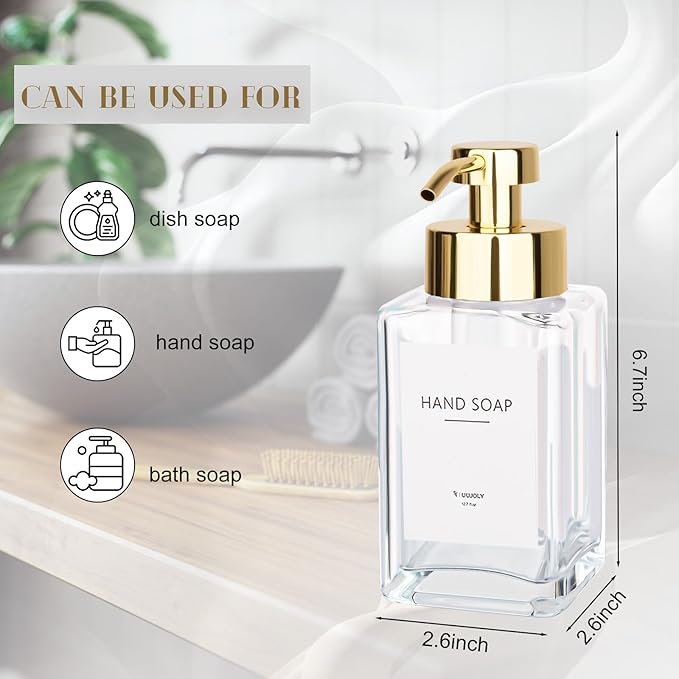 Foaming Soap Dispenser with Stainless Steel Pump, 12oz Refillable Glass Liquid Dish Soap Bottles for Bathroom, Kitchen Sink, Home Decor
