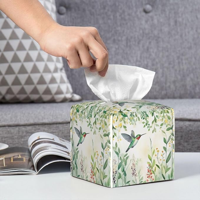 Green Leaves Hummingbird Spring Tissue Box Cover Watercolor Floral Square Leather Tissue Holder Decorative Facial Tissue Cube Paper Cover Case Organizer for Bathroom Night Stands Desk Home