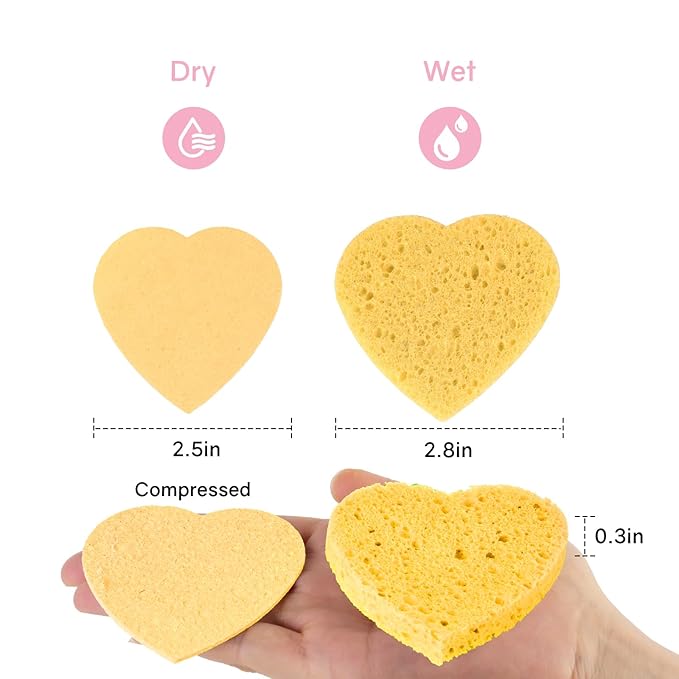 50-Count Heart Shape Compressed Facial Sponges,100% Natural Cellulose Face Sponge Spa Sponges for Removing Dead Skin, Dirt and Makeup(Yellow)