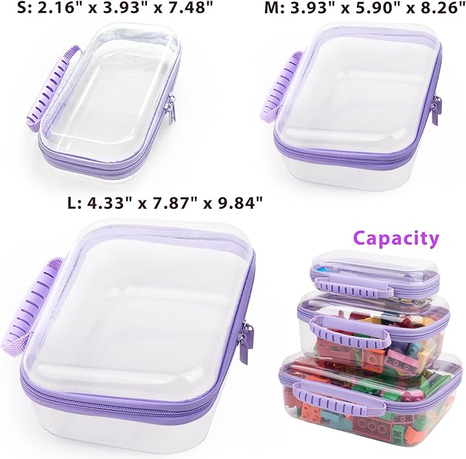 3 Pack Clear Hard Shell Zipper Case with Handle Waterproof Plastic Storage Pouches for Toiletry Makeup Cosmetic Toys Art Supplies Case Bag Organizer Travel