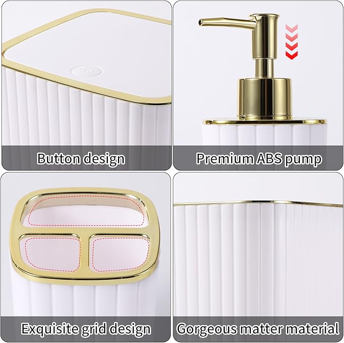 Bathroom Accessories Set - Gorgeous Bathroom Set, 28PC White Bathroom Accessory Set, Shower Curtain with 5PC Adhesive Corner Shower Caddy Hanging, Toilet Brush, Trash Can & Soap Dispenser