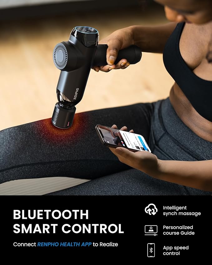 RENPHO Power+ Thermacool Massage Gun with Heat and Cold, 12mm Amplitude Deep Tissue Percussion Massager for Professional Athletes, App Controlled Guided Courses, 6 Speeds, 6 Attachments, Carry Case