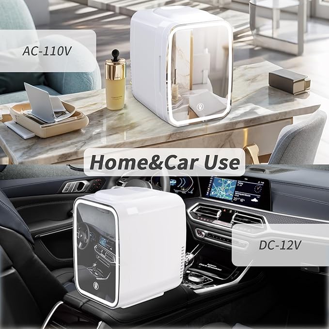 Skincare Fridge Mini Fridge for Bedroom with Dimmable LED Mirror, 4Liter/6 Cans Cooler and Warmer for Makeup, Cosmetic, Beauty, Portable Refrigerator for Bedroom, Vanity, Office and Car- White
