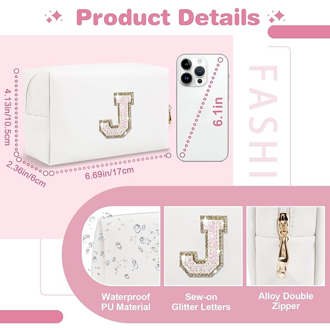 Small Initial Patch Makeup Bag Personalized Gifts Make Up Bag,White Cute PU Leather Glitter Letter Cosmetic Bag with Zipper,Trendy Portable Travel Toiletry Pouch,Preppy Stuff for Teen Girls Women J