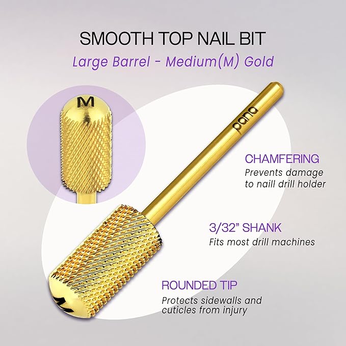 PANA 3/32" Large Smooth Round Top Safety Carbide Nail Drill Bit for Gel Polish & Acrylic Removal Nail Salon Manicure Pedicure Electric File Tools (Large Barrel - Gold, Medium)