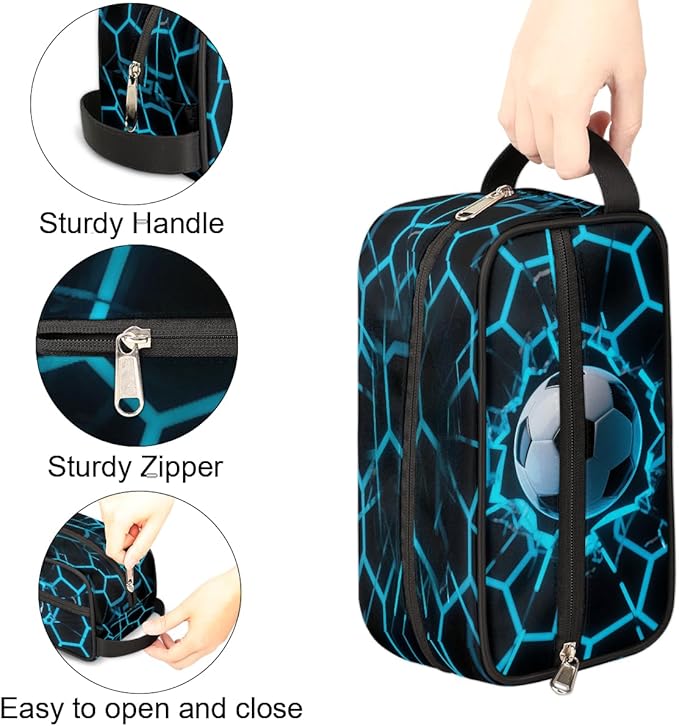 Futuristic Style Soccer Ball Kids Toiletry Bag for Boys Girls, Cosmetic Makeup Bag with Handle, Travel Shaving Kit Organizer, Waterproof Portable Wash Bag for Gym Vacation Camping Sports