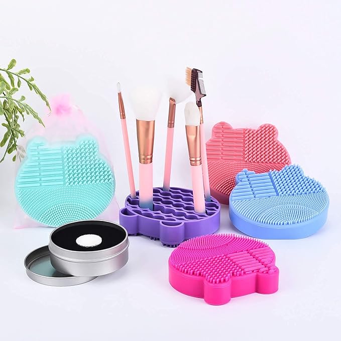 Bird&Fish Silicon Makeup Brush Cleaner Mat & Drying Pad with Carbon Removal Sponge (Rose Red)