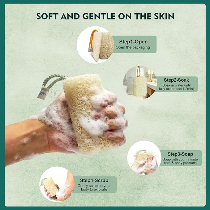 HVB Natural Loofah Exfoliating Bath Scrub, Bath Sponge, Unisex, Suitable for Both Body and Facial Use, Excellent Cleaning Effect. Pack of 4 (1 Box)