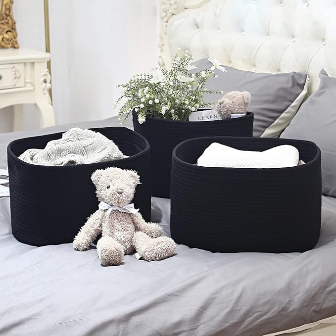 Cotton Rope Storage Basket, 15x10x9 Inches, Woven Basket for Shelves, Clothes, Towels, Books, and Laundry, Black (3 Pack)
