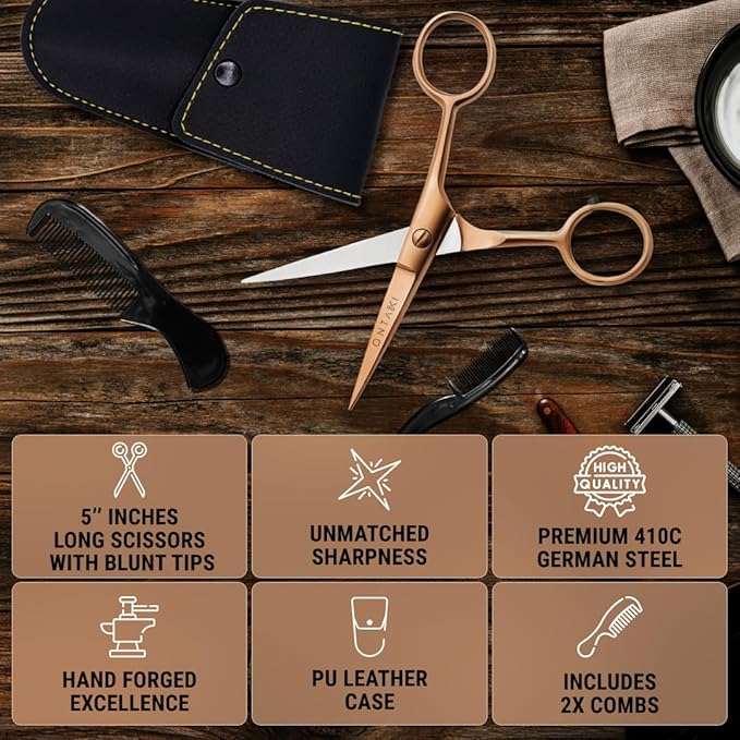 Ontaki Beard & Mustache Scissors for Men - 5inch, Rose Gold - 410C German Steel Durable, Ergonomic Design Travel Friendly Facial Hair Scissors - Beard Grooming Kit 2 Combs & Case Perfect for Styling