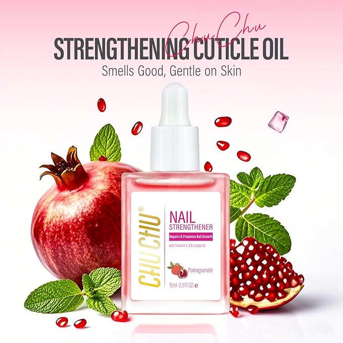 CHUCHU Nail Growth and Strengthener Oil for Cuticle - Pomegranate Scent Cuticle Oil Repair Moisturizing Treatment - Natural Jojoba Vitamin B & E Nail Oil for Dry Cracked Nails