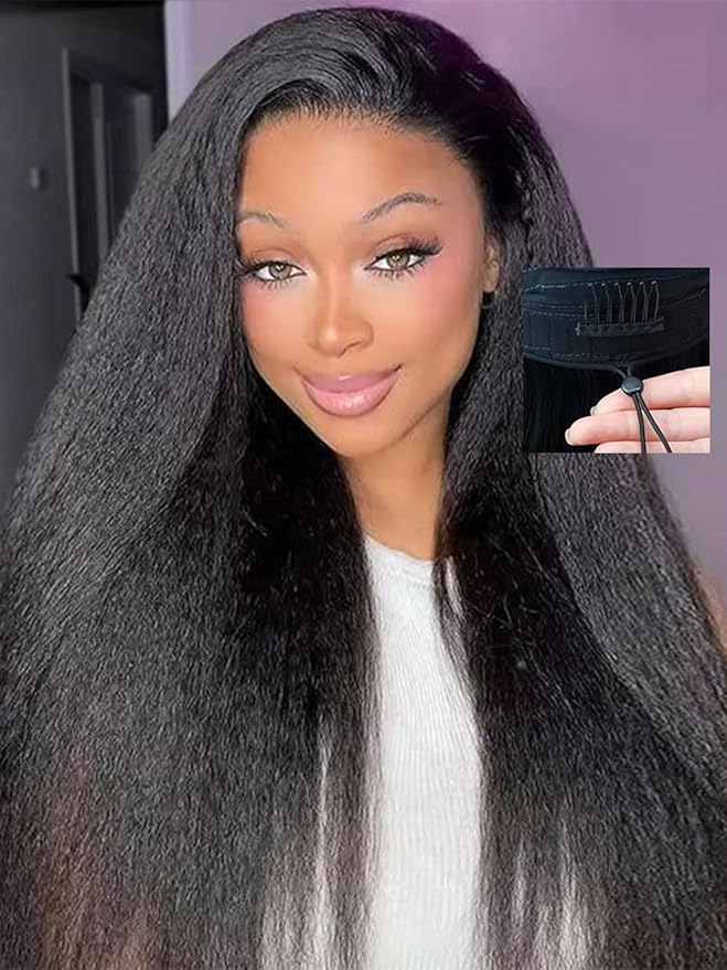 220% Density V Part Wigs Human Hair with Drawstring Kinky Straight Upgrade U Part Human Hair Wigs for Women Glueless Clip in Half Wigs Human Hair Magic Leave out 260g 16inch #1B Natural Black