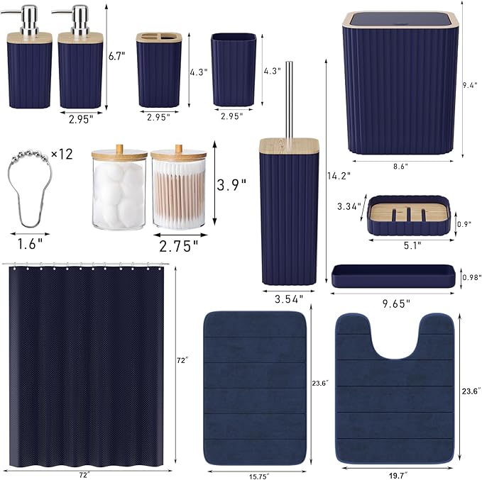 Bathroom Set - 25PC Blue Bathroom Set with Shower Curtain and Rugs, Bathroom Accessories Set, Blue Shower Curtain Set with Bathroom Trash Can