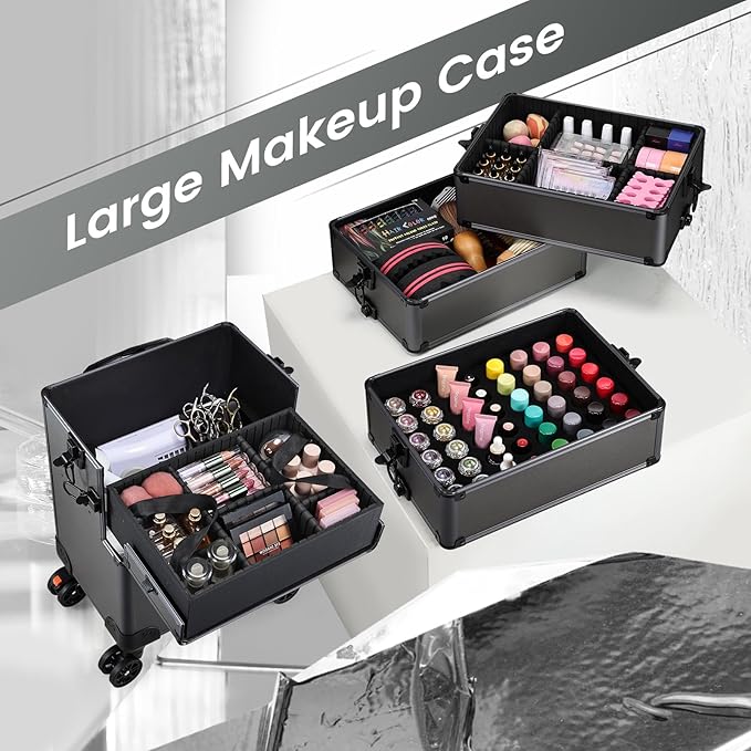 5 in 1 Makeup Train Case, Cosmetology Case on Wheels Travel Make up Case Rolling Nail Cart Makeup Organizer Cosmetic Storage Box Cases Extra Large Trolley Truck, 360° Swivel Wheels, Ashy Grey