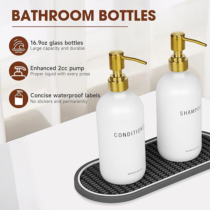 Glass Shampoo and Conditioner Dispenser-Shower Soap Dispenser for Bathroom -16.9 fl oz Set of 3 Refillable Glass Bottles with Pump and Labels-Shampoo Dispenser for Shower(White)