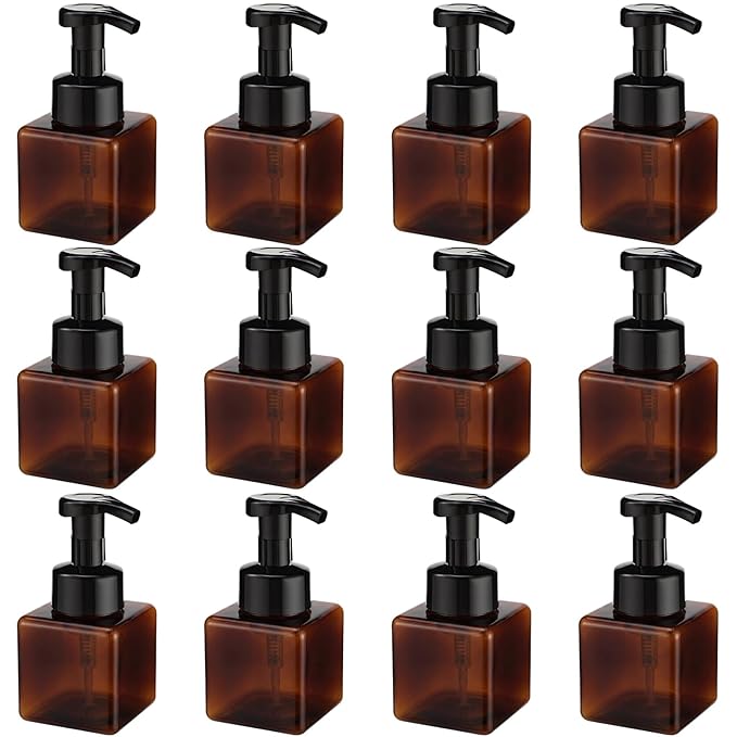 Domensi 12 Pcs Foam Pump Bottle Foaming Soap Dispenser Empty Travel Foaming Dispenser 8.5 oz Refillable Hand Soap Plastic Pump Bottle Travel Clear Container for Bathroom Vanities (Brown)