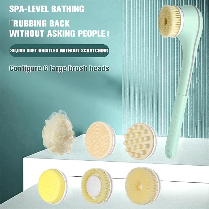 Electric Body Brush, Electric Body Scrubber, Long Handle Body wash applicator, Silicone Back Brush, 6 Shower Brush Heads ，for Cleaning, Massage and Exfoliation (Light Green)