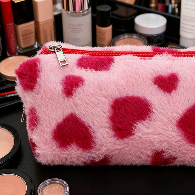 Makeup Bag Small Cosmetic Bags for Purse Women Girls Plush Simple Heart Make Up Pouch