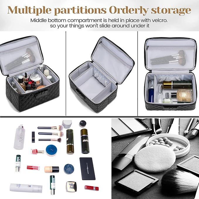 Portable makeup box with Lock, Large Capacity Travel Makeup Case Organizer, Makeup Bags for Girls Traveling With Handle and Divider Makeup Bag (Black)