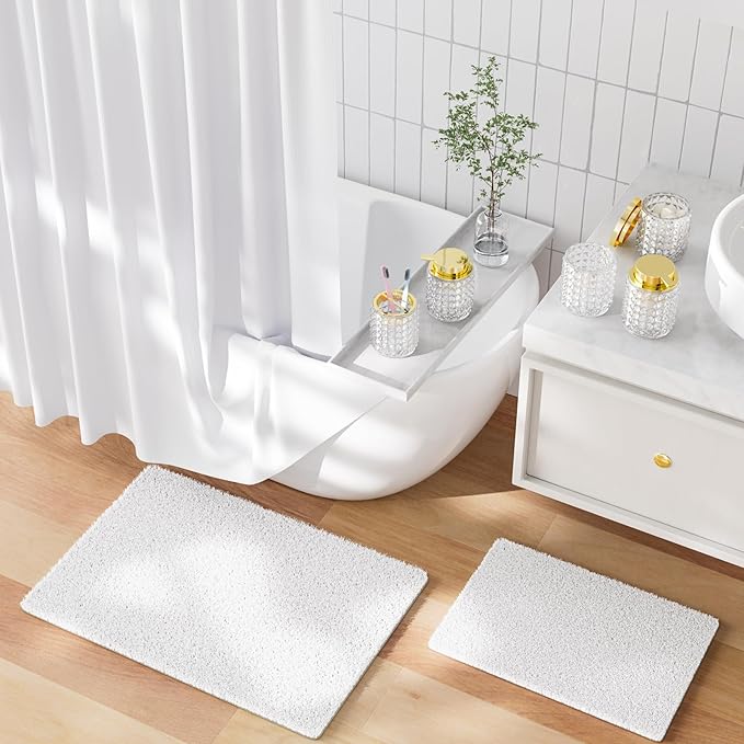 Bathroom Sets with Shower Curtain and Rugs and Accessories, Glass Bathroom Accessories Set Clear Bathroom Set Bathroom Sets, White Bath Mat and Diamond Soap Dispenser for Bathroom Decor