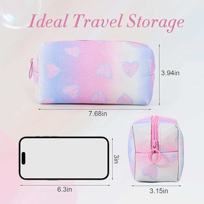 Makeup Bag, Portable Makeup Brush Pouch, Shiny Cool Heart Pattern Makeup Organizer Case for Women, Small