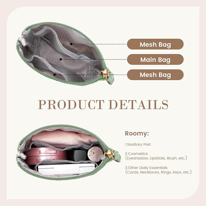 MAGEFY Mini Makeup Bag, Cute Small Makeup Bag for Purse Corduroy Cosmetic Bag for Women with Slip-in Pockets Travel Purse Essentials Lipstick Bag(Green,Mini)