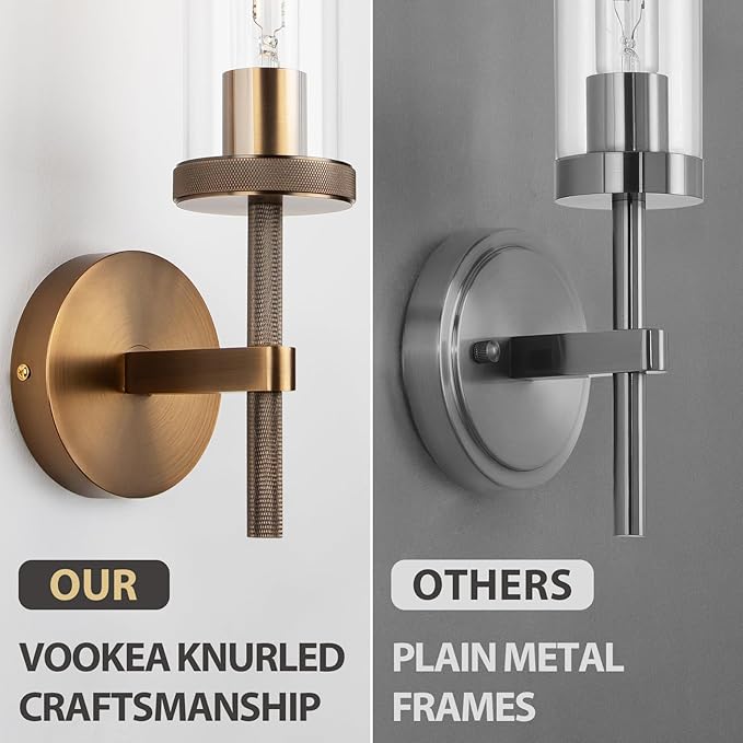 19.5" Knurled Bronze Wall Sconces Set of 2, Bathroom Vanity Light Fixtures with Clear Glass Tube, Modern Lamp Lighting for Bedroom, Living Room, Hallway, Staircase, Mirror, Kitchen