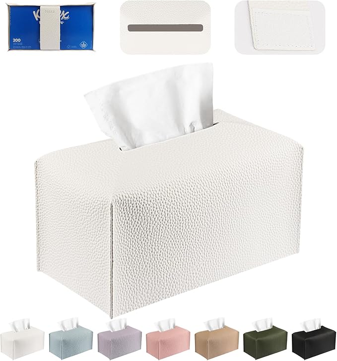Tissue Box Cover PU Leather Tissue Holder Rectangle Facial Tissue Case Tissue Box Organizer Dispenser for Bathroom, Kitchen, Home, Office, Tabletop (White, Short)