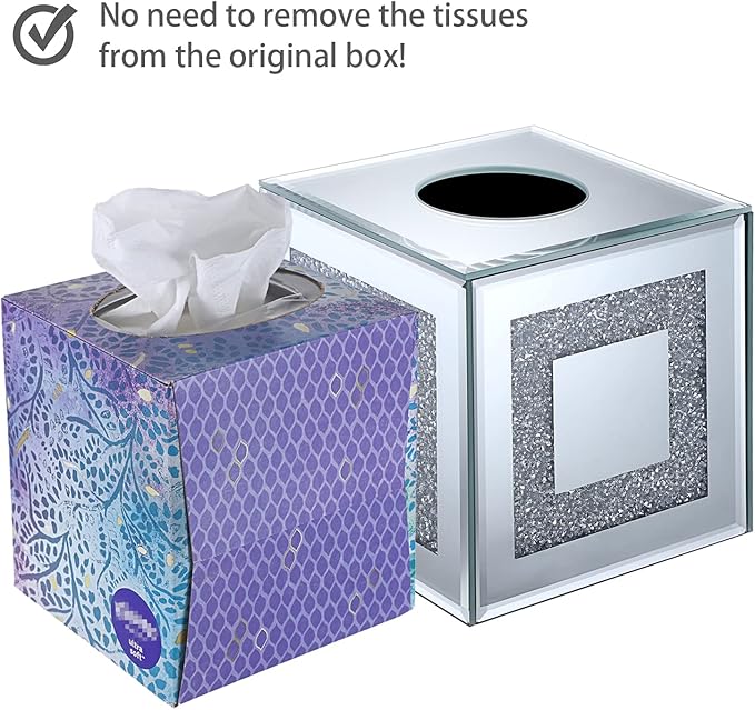 Sumnacon Crystal Square Tissue Box Cover - Sparkly Glass Cube Tissue Box Holder, Decorative Facial Tissue Holder for Bathroom Vanity Dresser Night Stand Table Countertop Office Home Decor, Silver