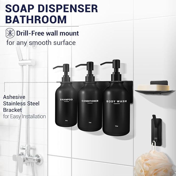 KLL Shampoo and Conditioner Dispenser Set - Wall Mounted Shower Soap Dispenser - 17oz No-Drill Refillable Plastic Pump Bottles for Bathroom - Includes Soap Dish & Hook (Black)