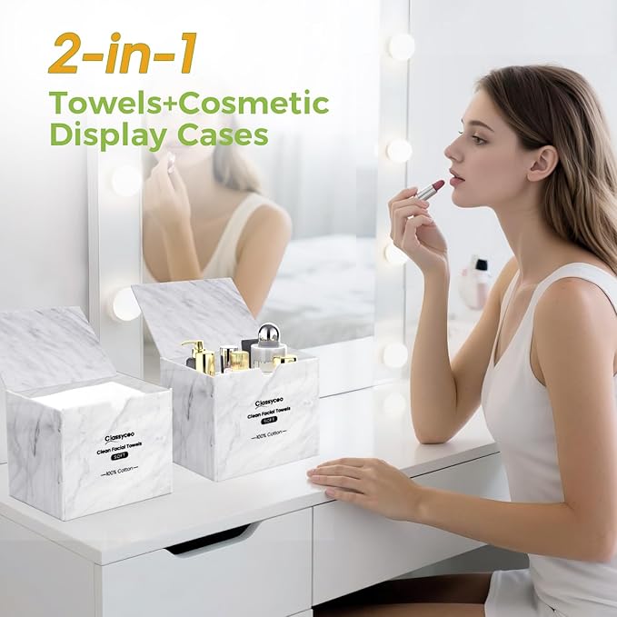 Classycoo Disposable Face Towel Holder with 50 PCS XL Washcloth, Compatible with Clean Skin Club Cotton Towel, Odor-Free, Marble Acrylic Container Box Facial Wipes, Bathroom Cosmetic Storage