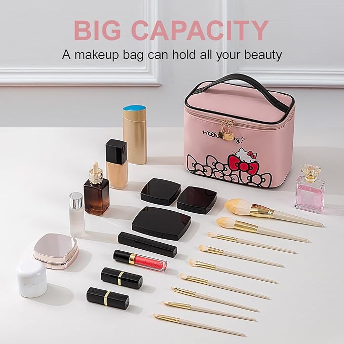 Vimanllie Makeup Bag Large Capacity Waterproof Cosmetic Bag with Dedicated Brush Holder,Cute Printed Makeup Organizer for Women Traveling,Portable Toiletry Bag for Girls
