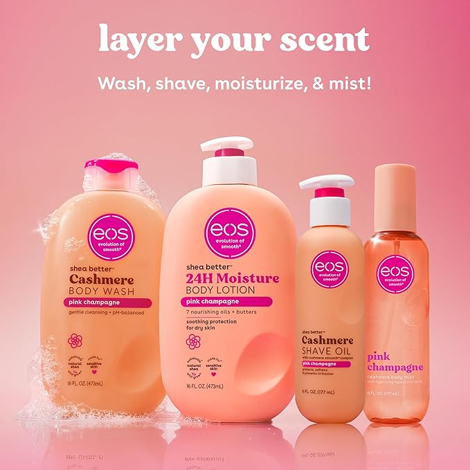 eos Cashmere Shave Oil – Pink Champagne, Moisturizing Shave Oil with Shea Butter & Glycerin, Helps Prevents Irritation & Razor Burn, Vegan, 6 fl oz